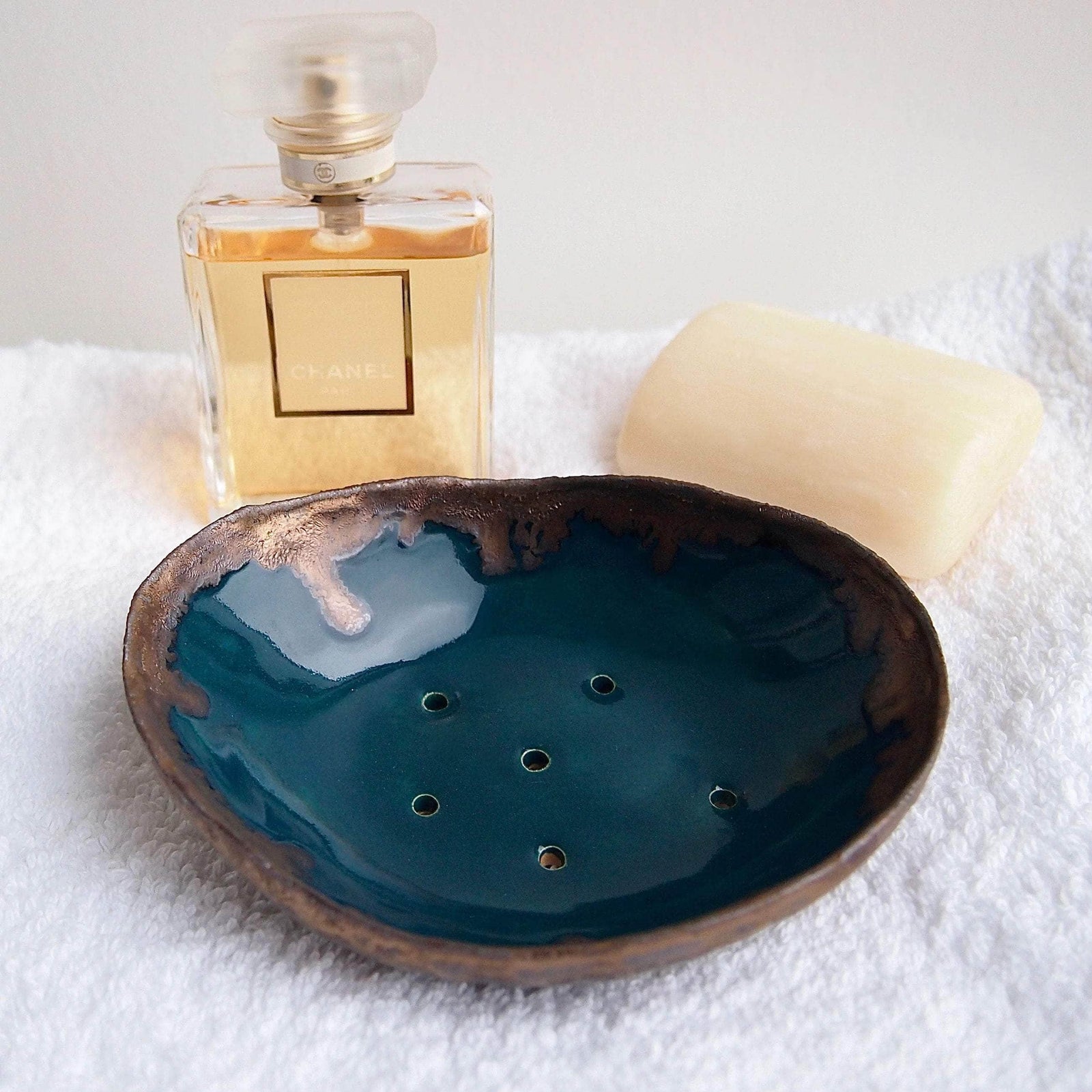 Handmade Teal Blue And Gold Oval Ceramic Soap Dish With Scalloped Top Edge