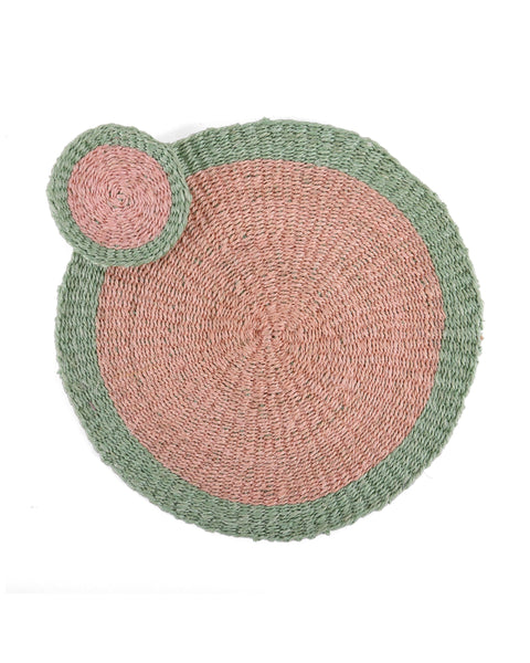 ZAMBARAU: Dusty Pink and Sapling Green Woven Sisal Circular Coaster