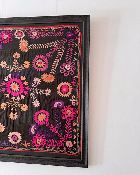Framed Vintage Medium Black and Pink Suzani