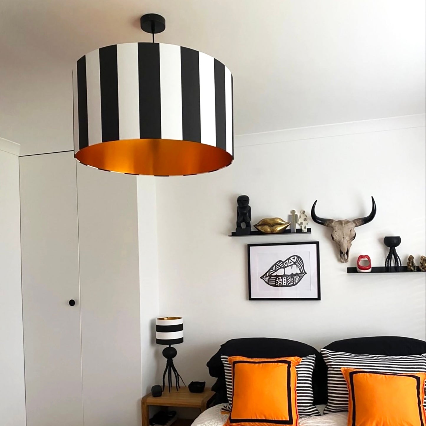 Beetlejuice Black and White Striped Lampshade With Copper Foil Lining