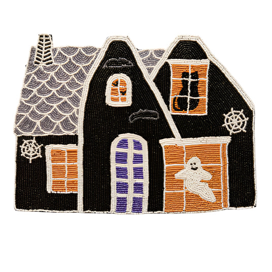 Haunted House Beaded Placemat Velvet Backing Handmade Halloween Table Decor Spooky Black Cat Ghost Mat Holiday Centerpiece