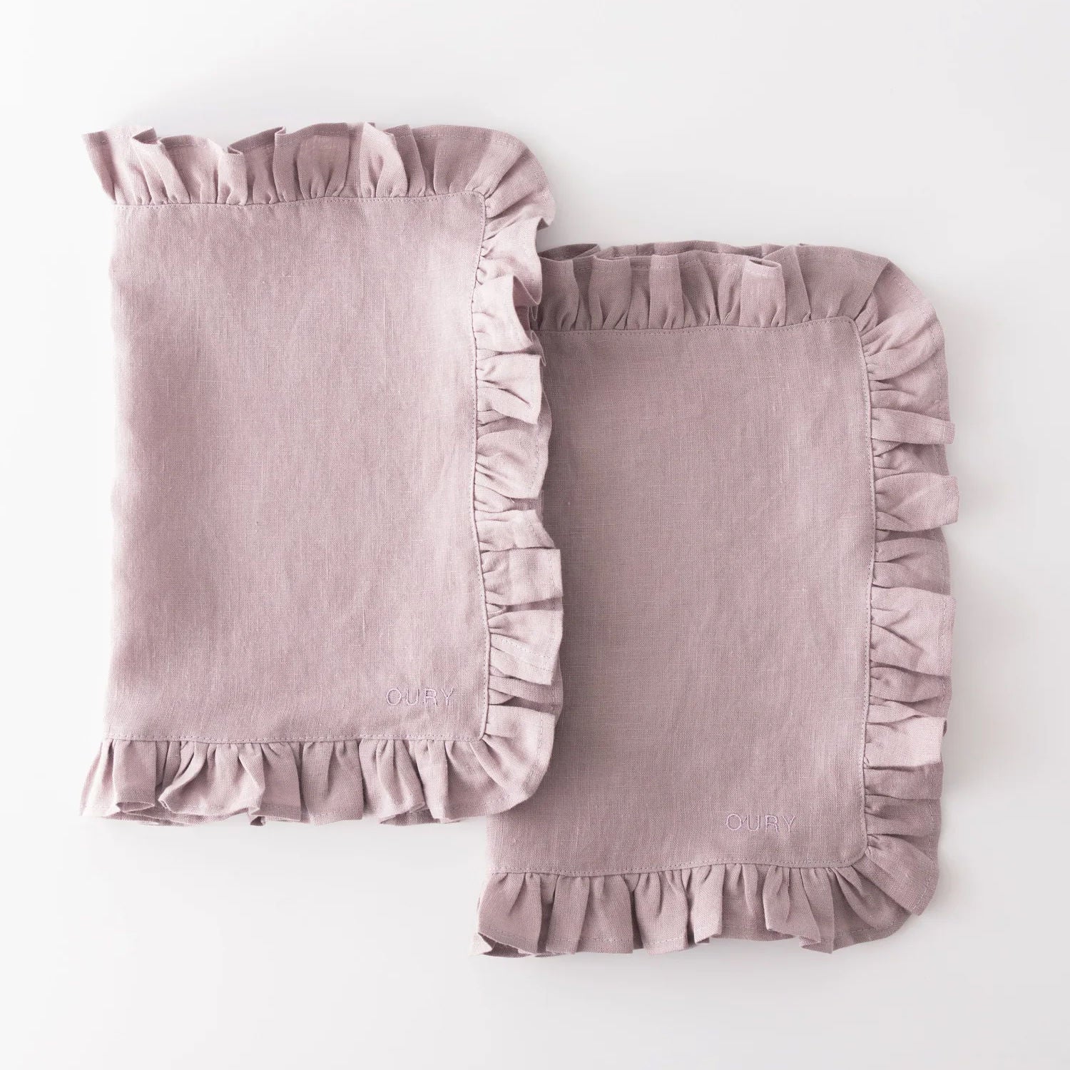 Pink Ruffled Linen Placemats with Embroidery – Set of 2