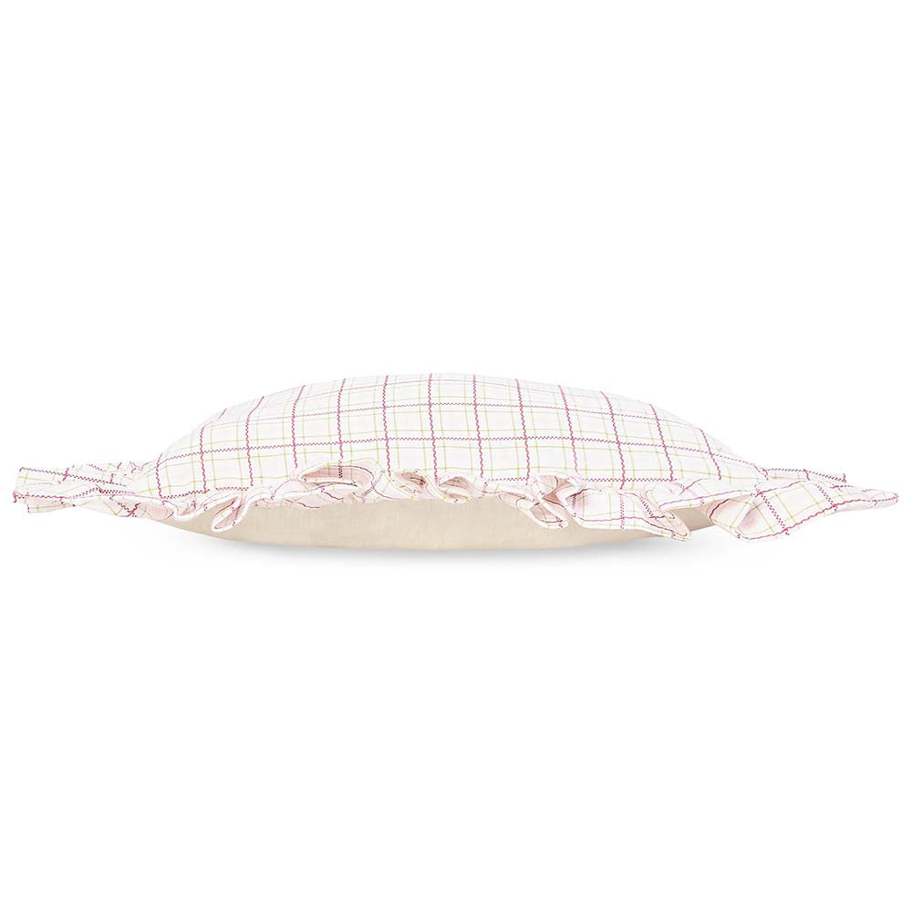 Square Linen Frill Cushion - Pink Check