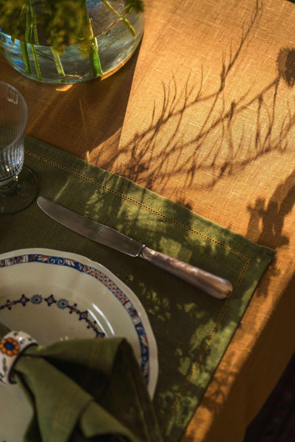Set of 6 Personalised Fern Green Placemats with Ochre Hemstitch