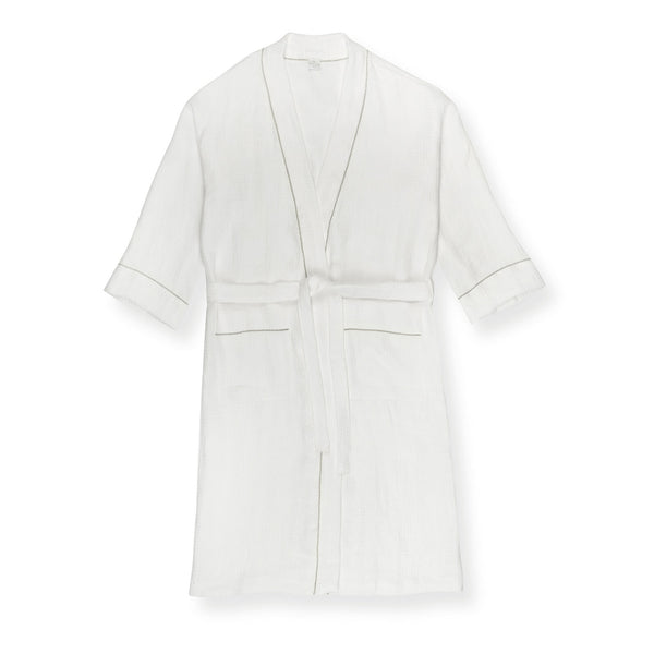 Liège Robe in Ivory White Waffle with Olive Green Hemstitch