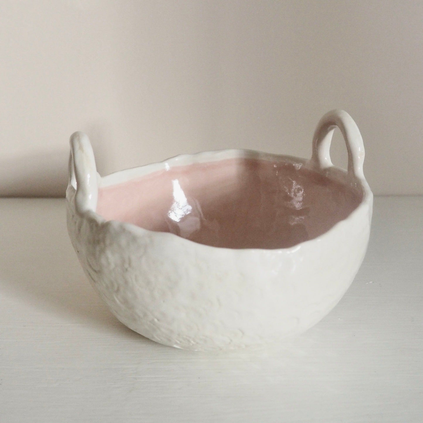 Handmade Pastel Pink and White Ceramic Bowl with Handles