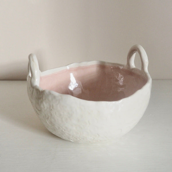 Handmade Pastel Pink and White Ceramic Bowl with Handles