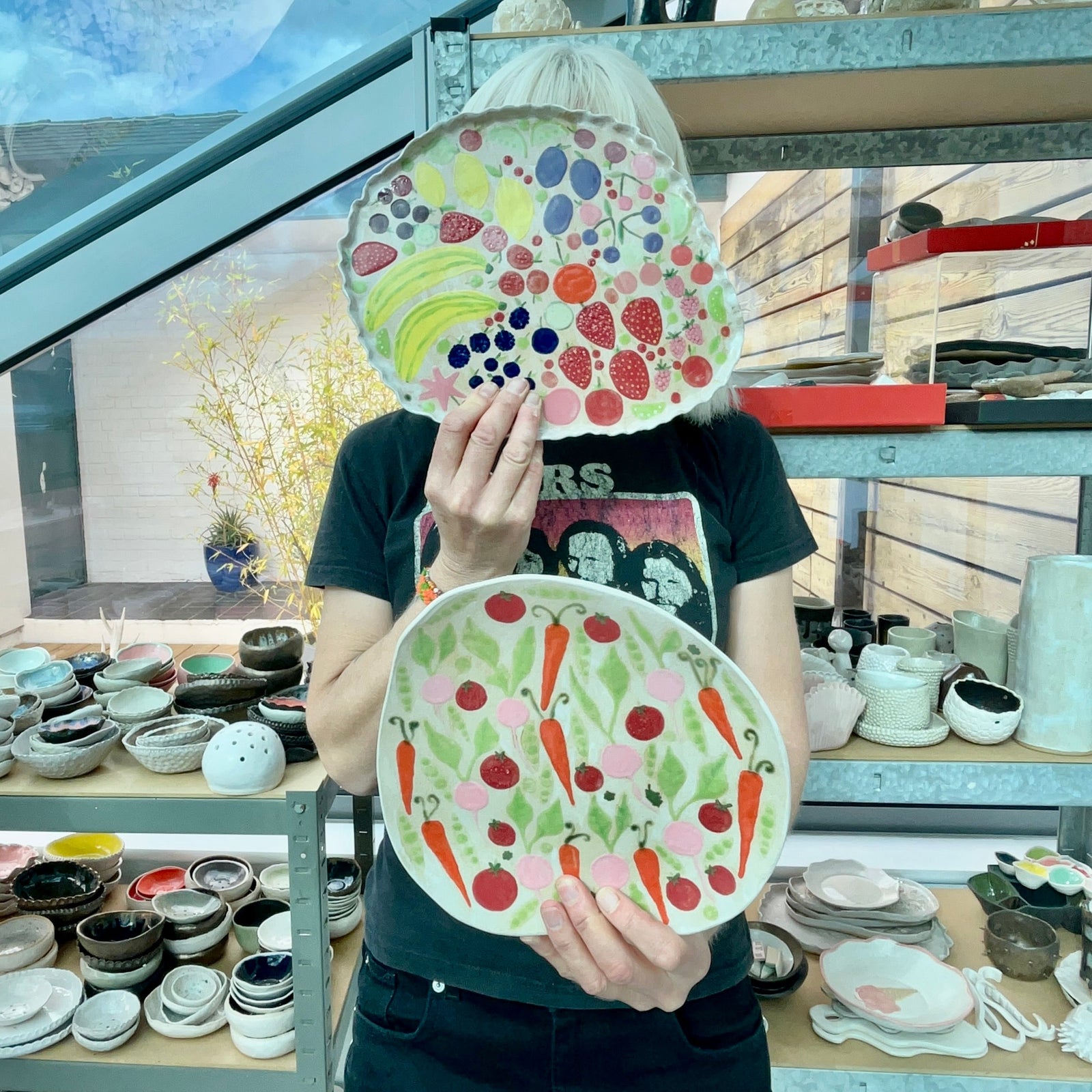 Handmade Ceramic Platter with Fruits and Vegetables & Curvy Top Edge