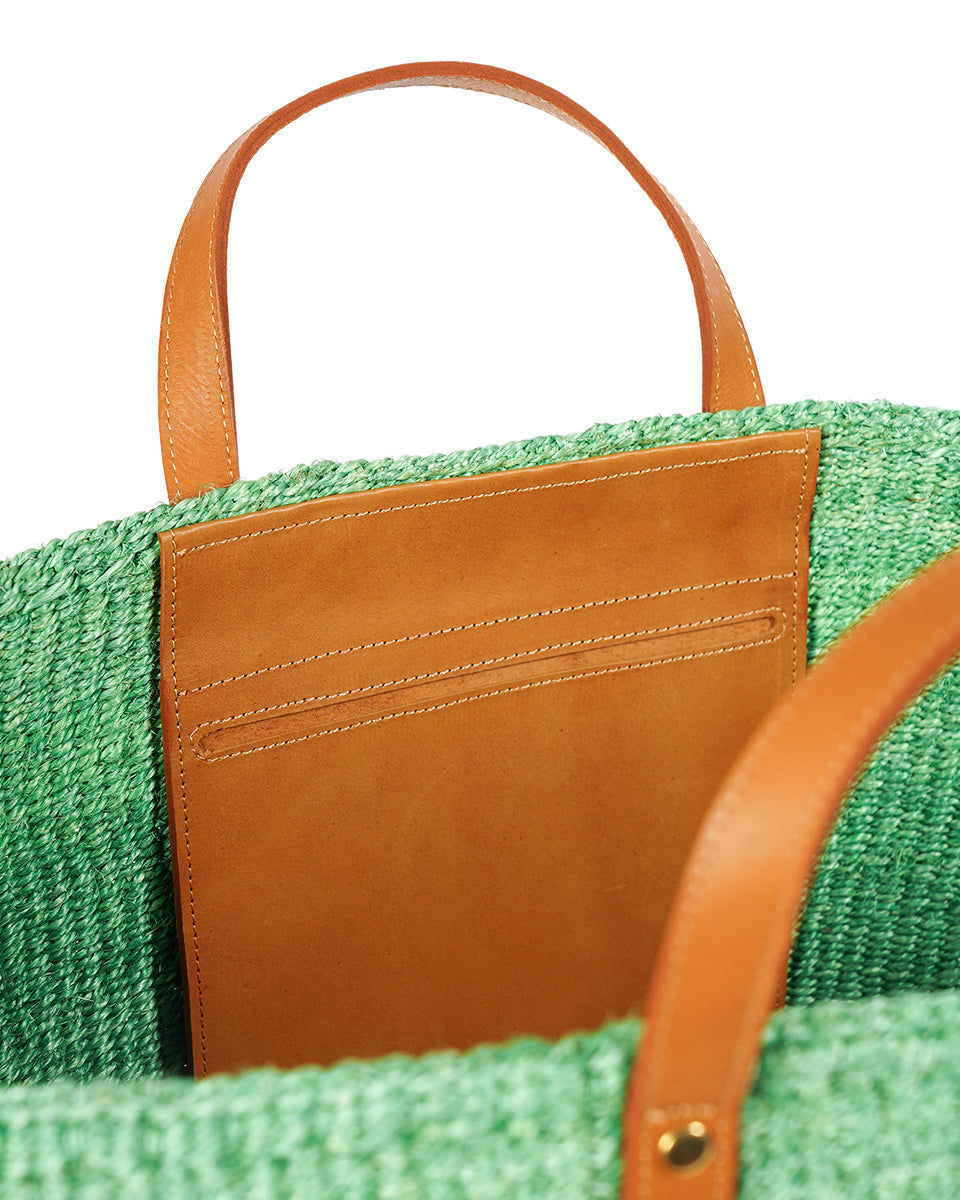BARUA: Mint Green and Tan Leather Sisal Shopper