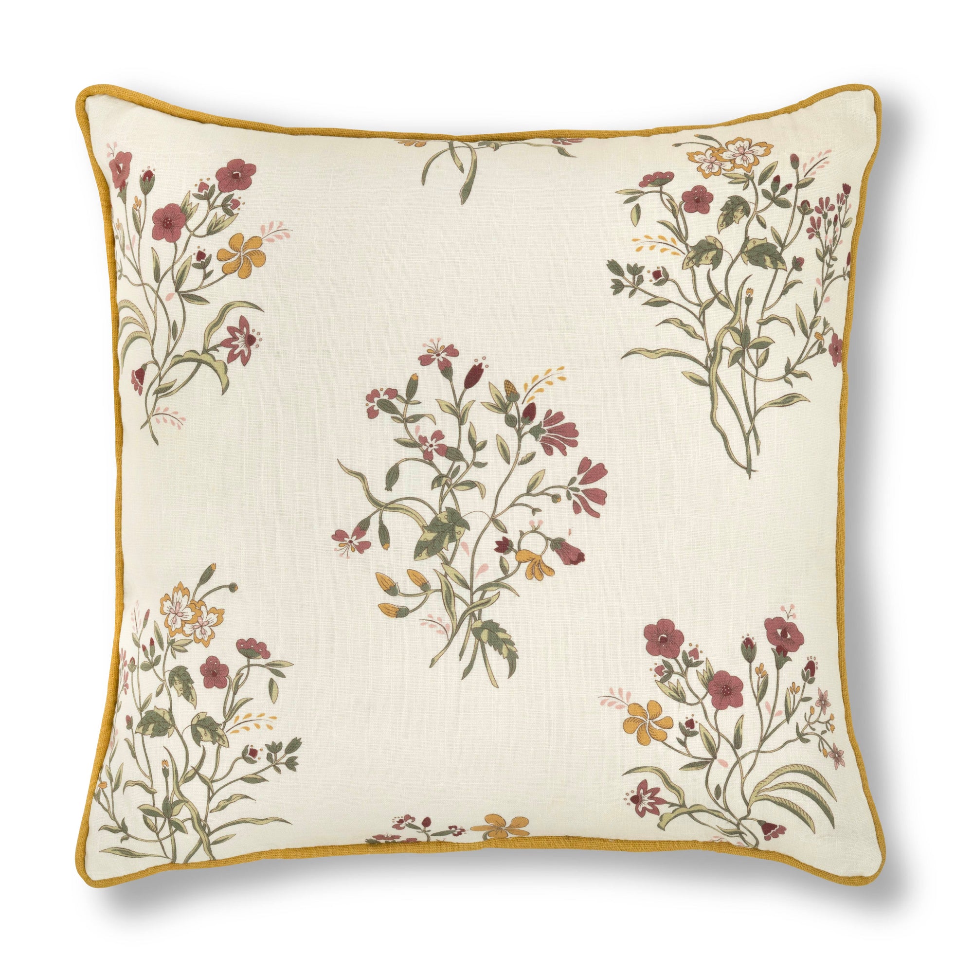 Flax & Field Flower Print Cushion in Scarlet with Ochre Piping