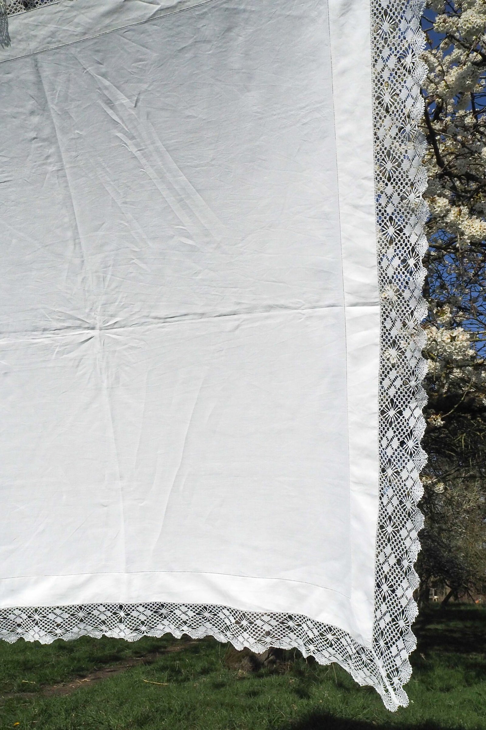 Antique Linen Lace Edged Tablecloth
