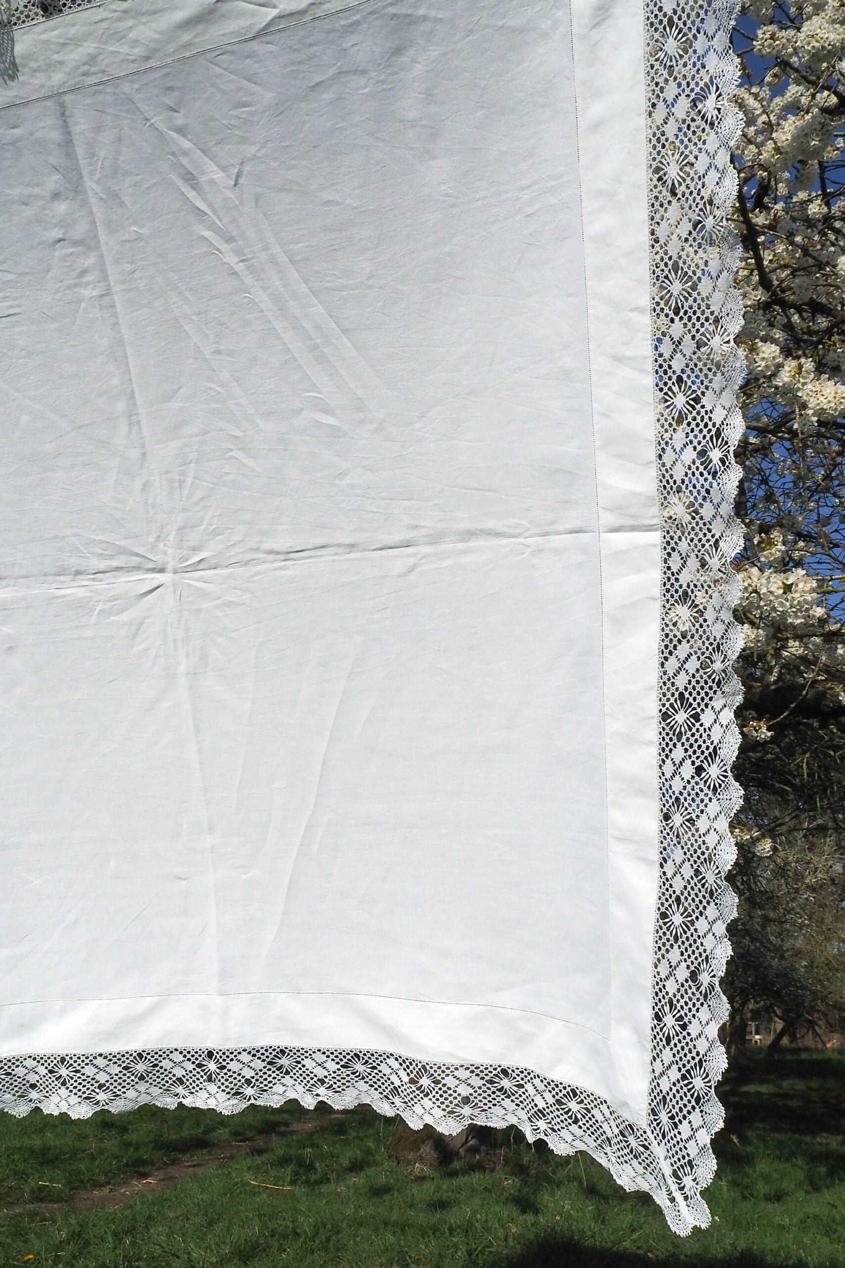 Antique Linen Lace Edged Tablecloth