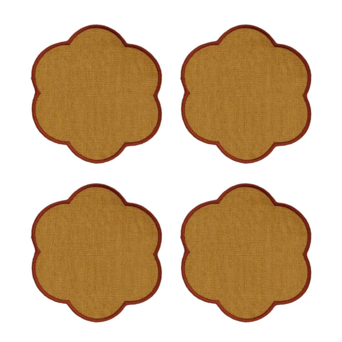The Yellow and Red Ochre Linen Scalloped Coasters (Set of 4)