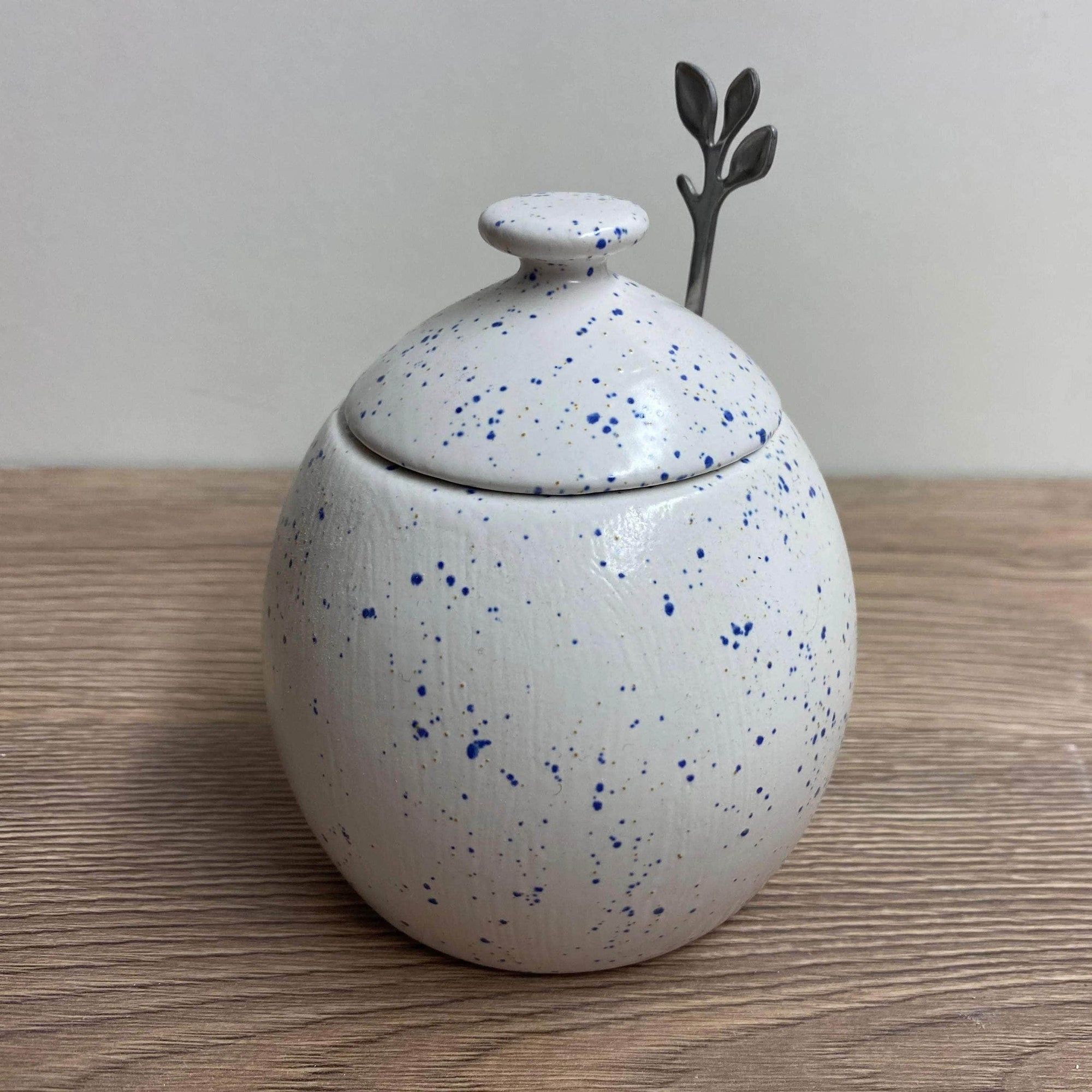 Sugar Bowl with Spoon Light Speckled Blue