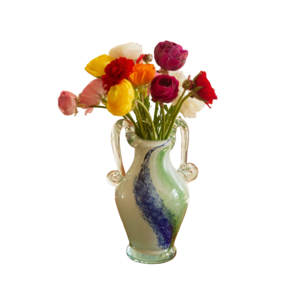 Blown Glass Amphora Vase, White, Blue and Green, Medium