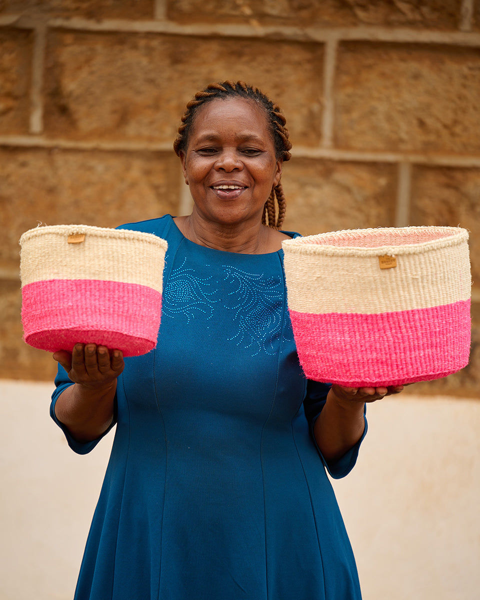 HOJI: Hot Pink Colour Block Woven Basket