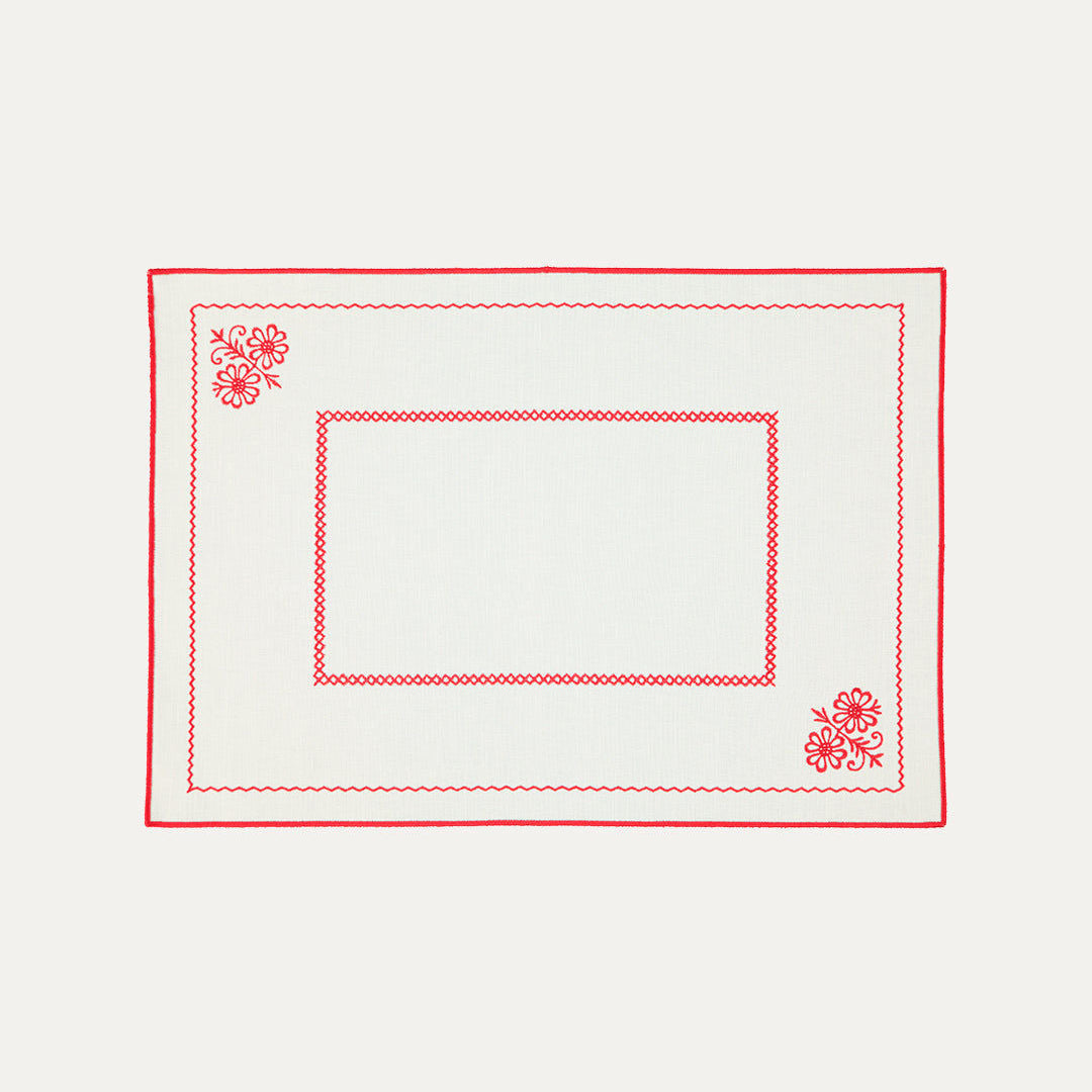 Crib Placemat, White with Red, Premium Linen-Cotton Blend