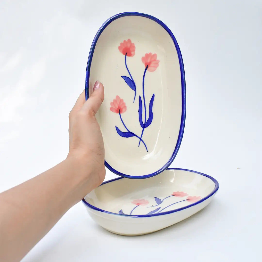 Handmade Ceramic Serving Bowl - Camellia, 1.5 x 8 x 4 Inches (Set of 2)