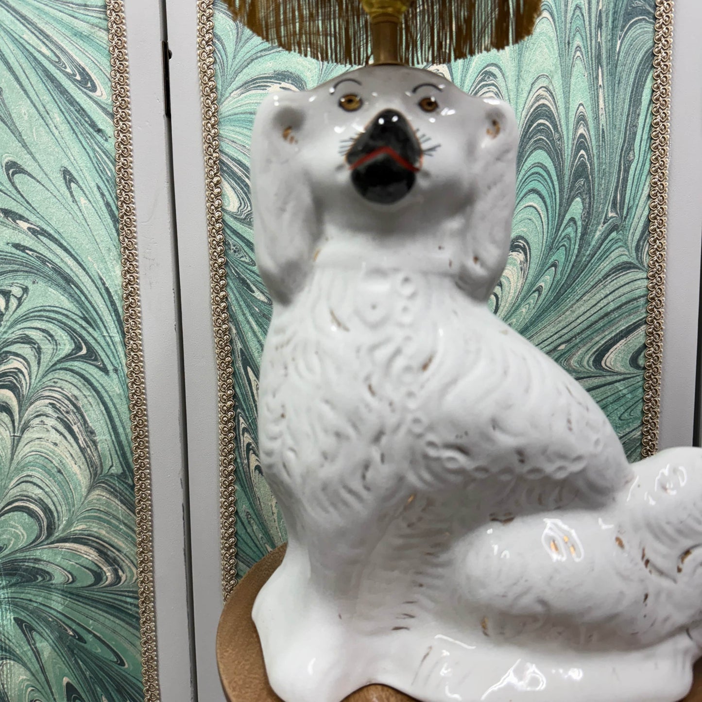 Classic Staffordshire Dog Lamp with Red Silk Shade