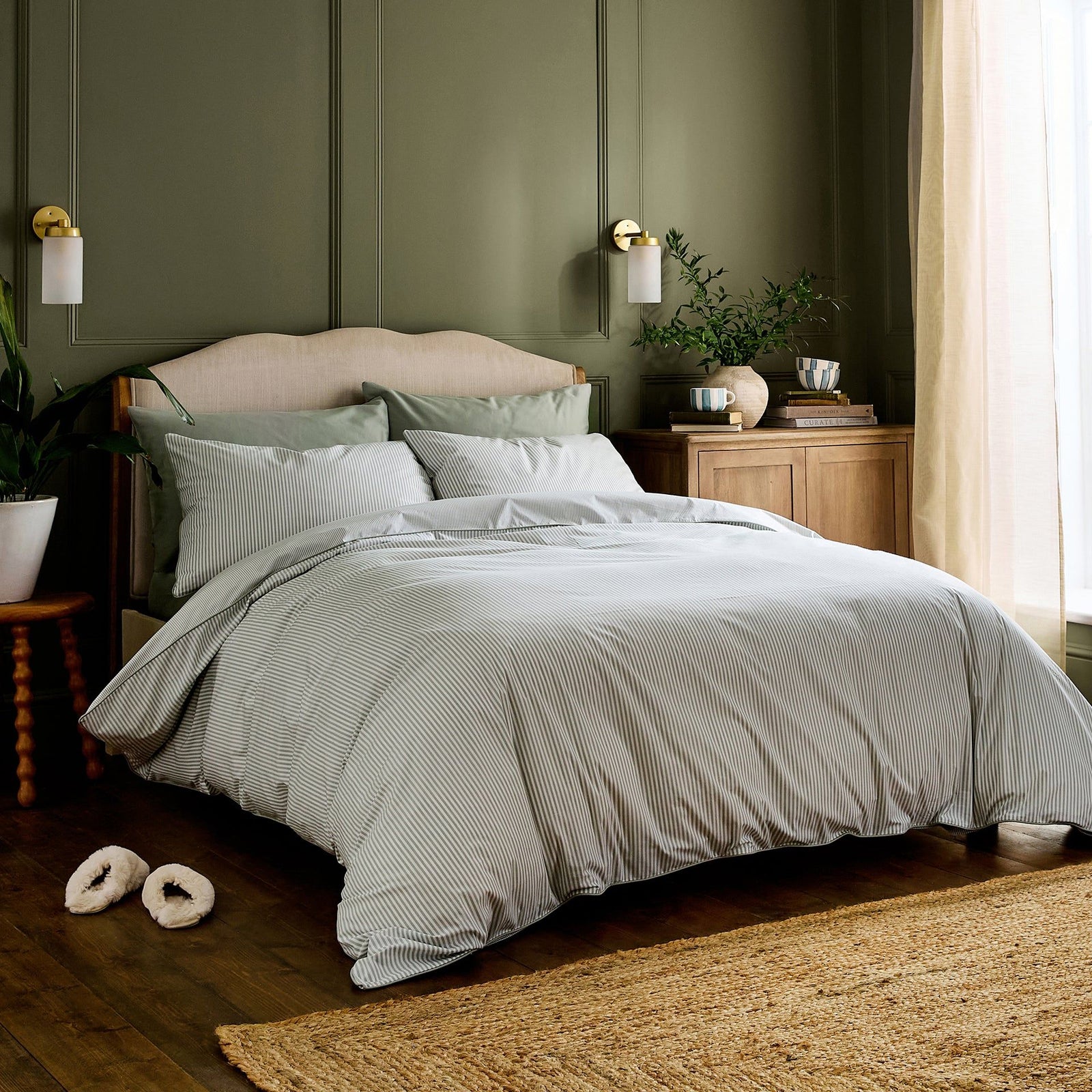 Luxury Organic Cotton Sage Green Striped Duvet Cover