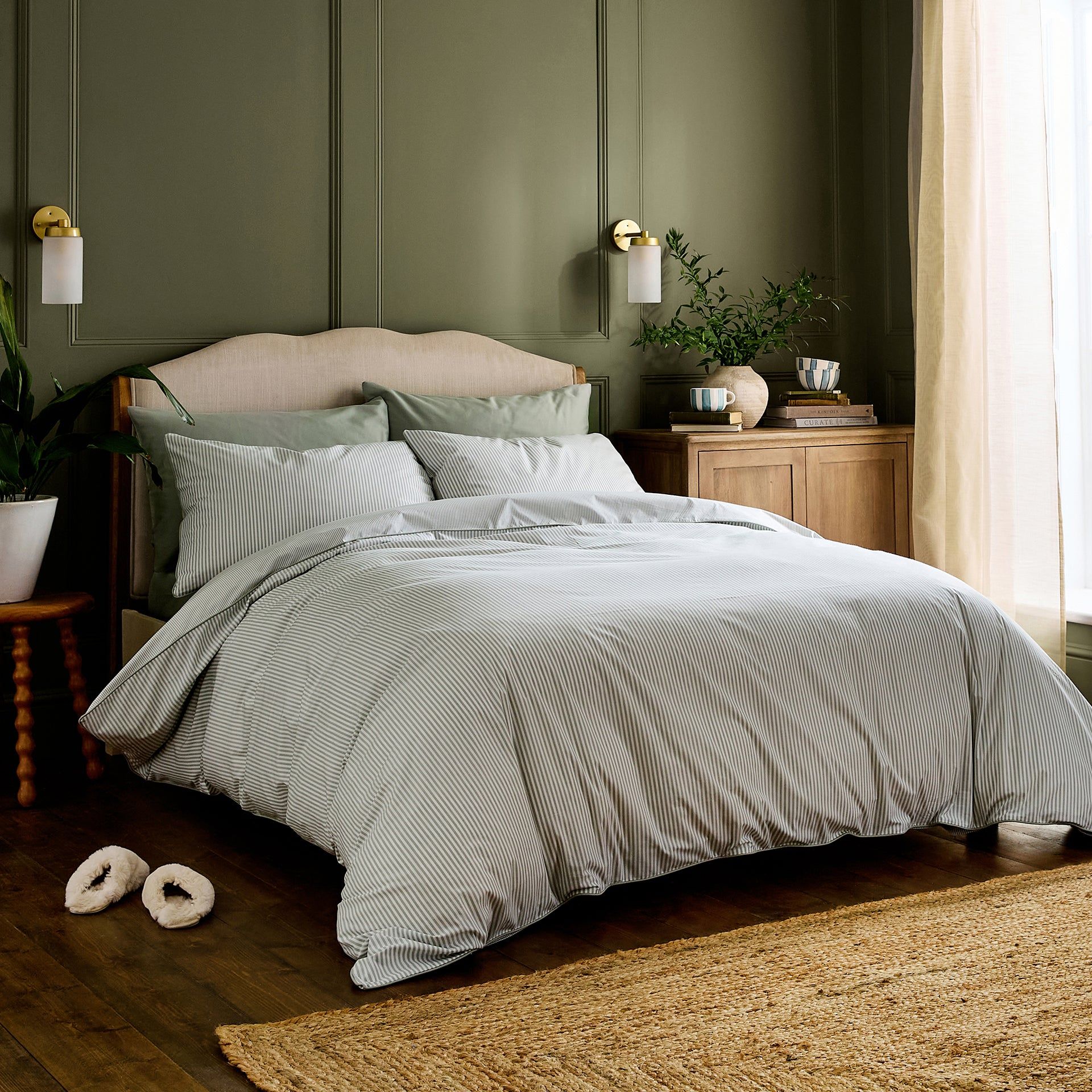 Luxury Organic Cotton Sage Green Striped Duvet Cover