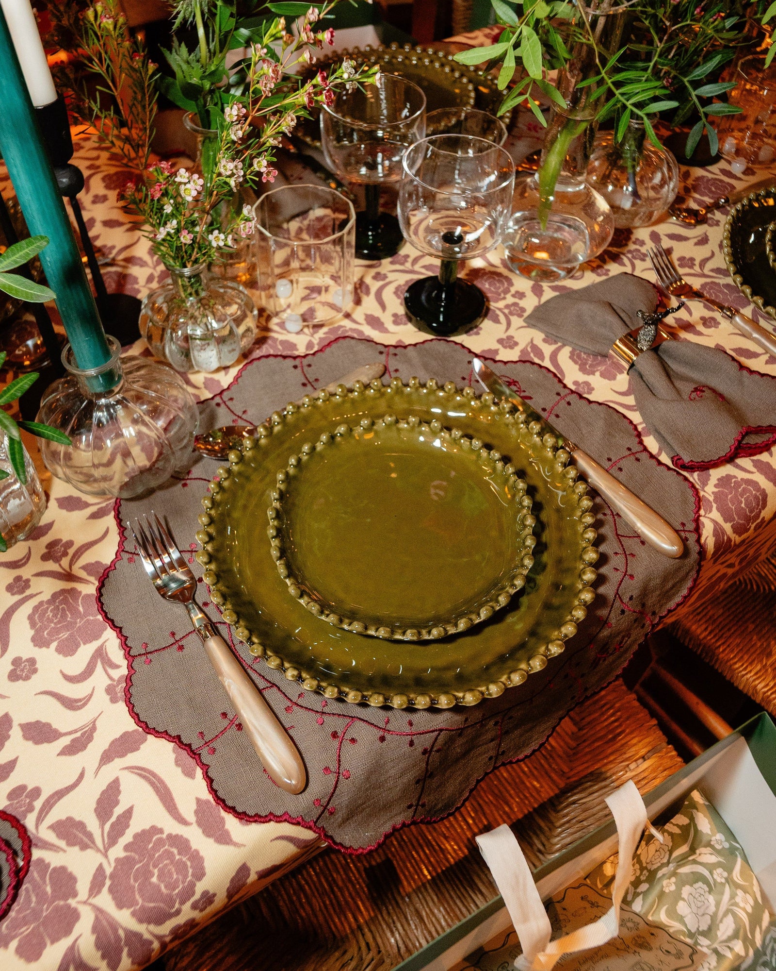 Fiore Tablecloth in Yellow and Bordeaux, Printed in 100% Cotton