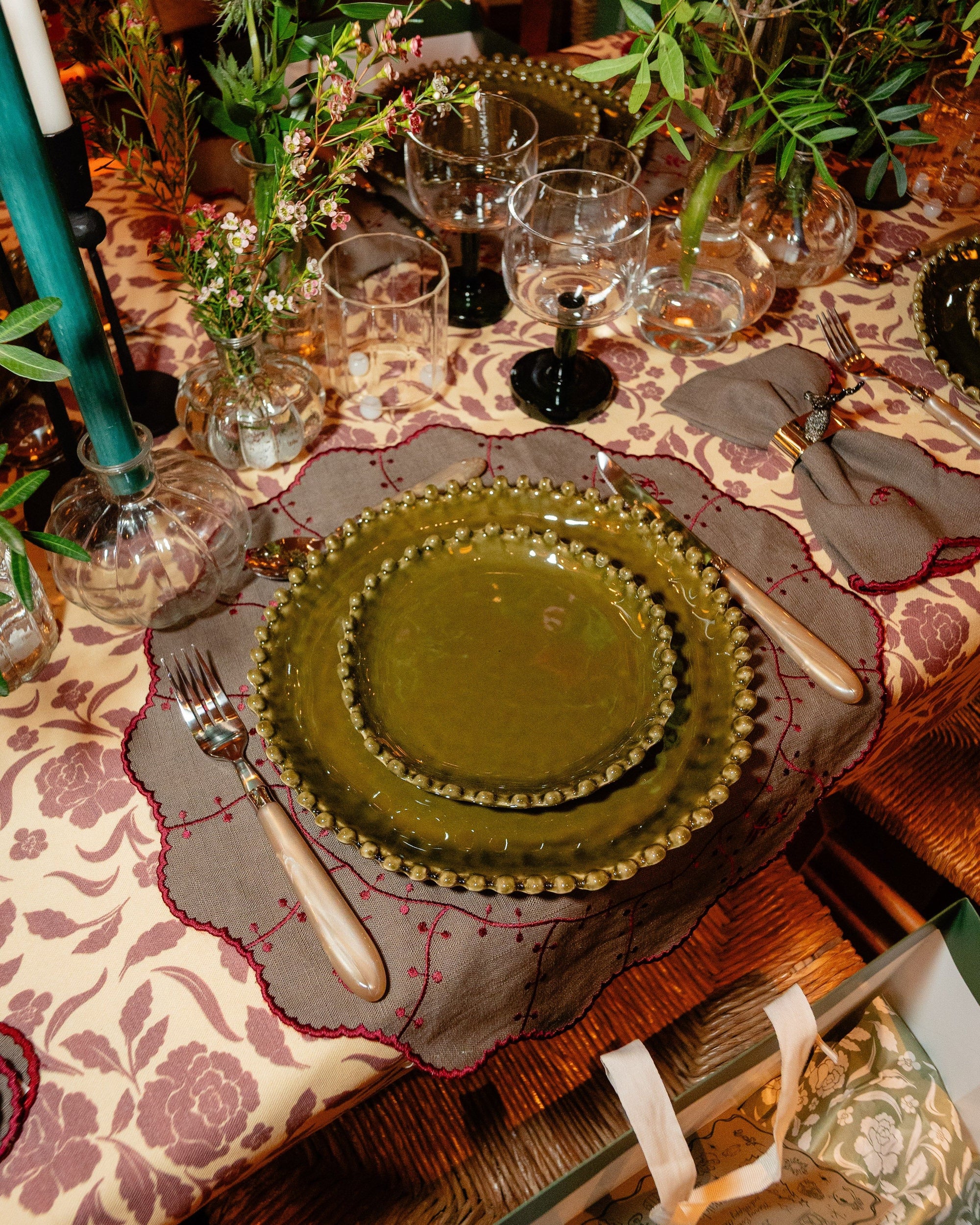 Fiore Tablecloth in Yellow and Bordeaux, Printed in 100% Cotton