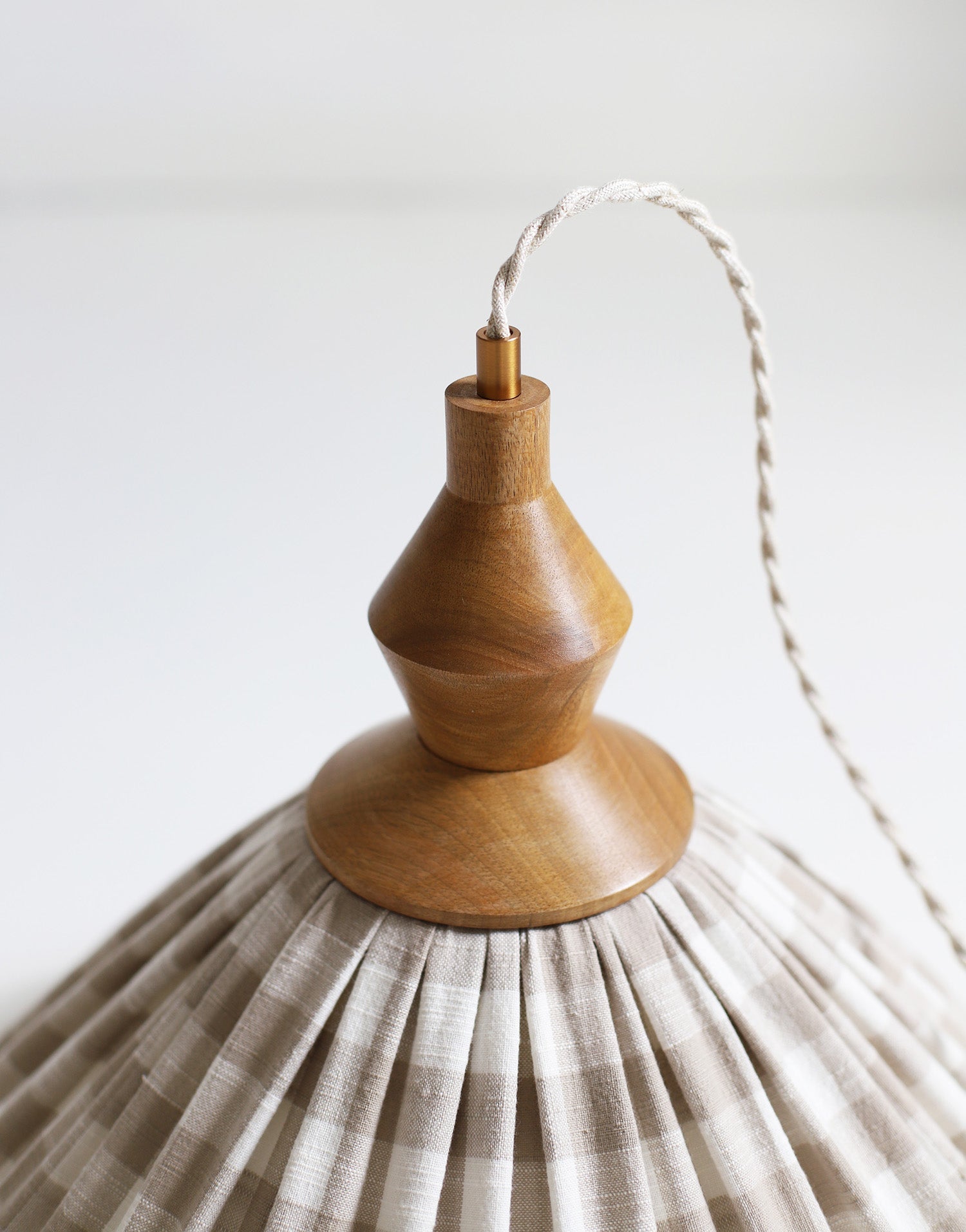 Olga Pleated Pendant Light in Beige Check Fabric with Turned Wood Finish