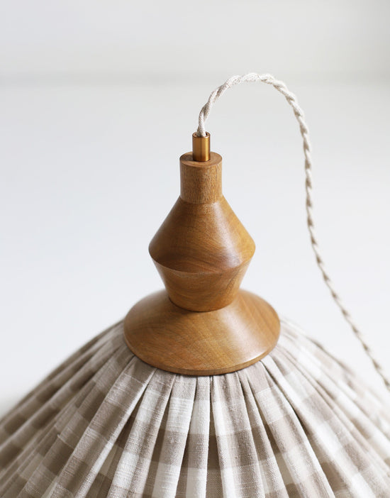 Olga Pleated Pendant Light in Beige Check Fabric with Turned Wood Finish
