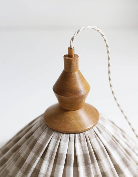 Olga Pleated Pendant Light in Beige Check Fabric with Turned Wood Finish