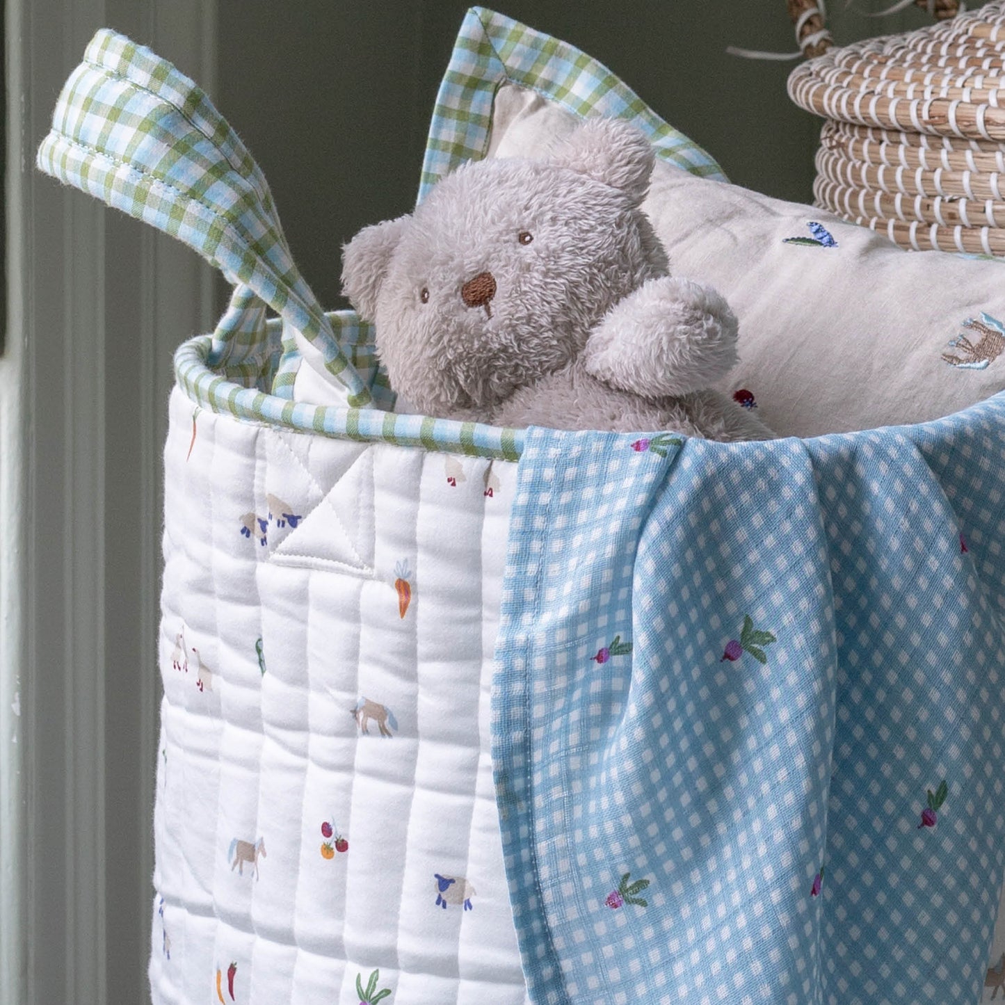 Large Quilted Storage Basket - Greenhouse Gingham / Little Farm