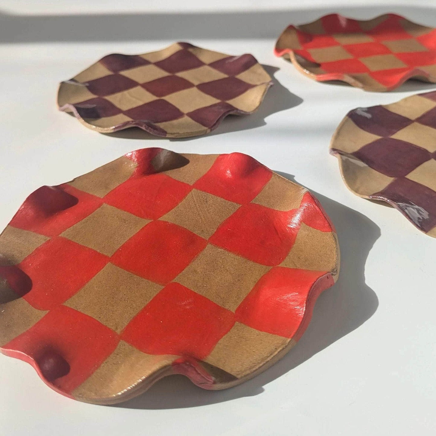 Set of 4 Red & Burgundy Wavy Check Side Plates