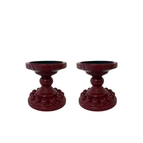 Pair of Deep Red Bobbin Candle Holders (Small)