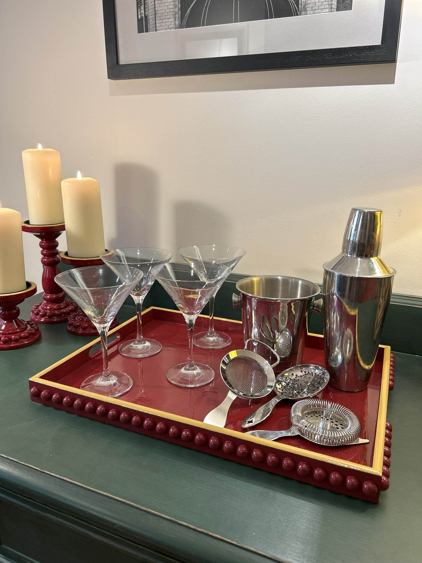 Red Bobbin Style Coffee Table Tray with Mustard Yellow Edge