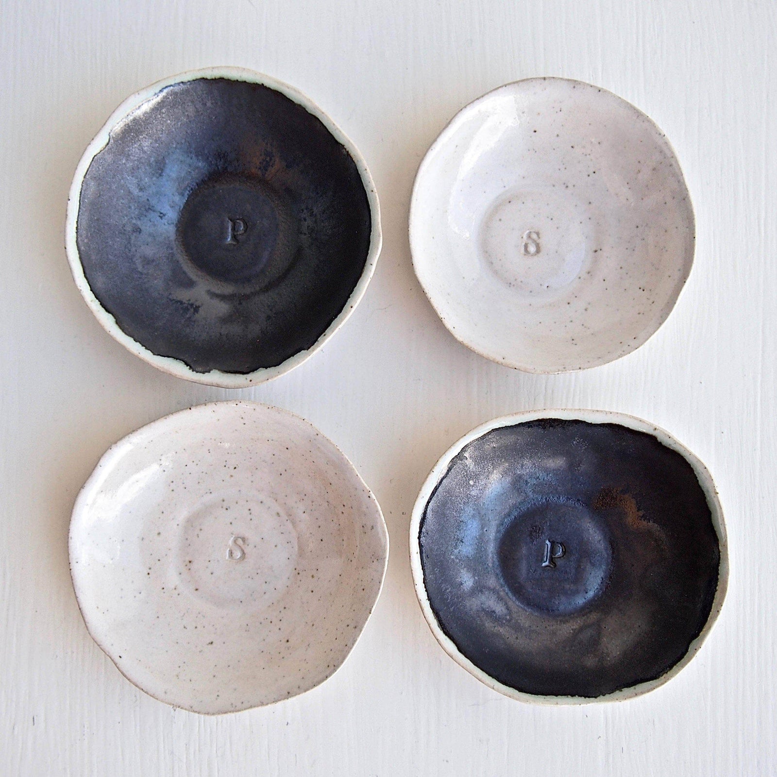 Ceramic Handmade Pair of Black and White Salt + Pepper Dish