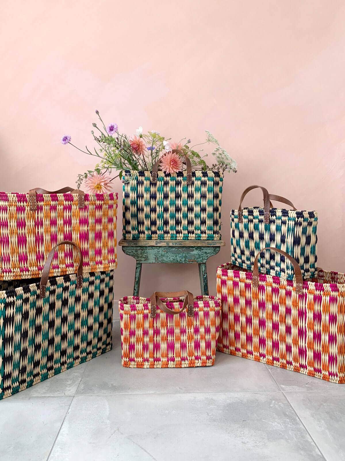 Chequered Reed Basket - Indigo + Green