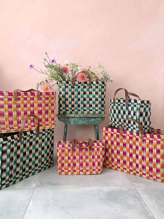 Chequered Reed Basket - Indigo + Green