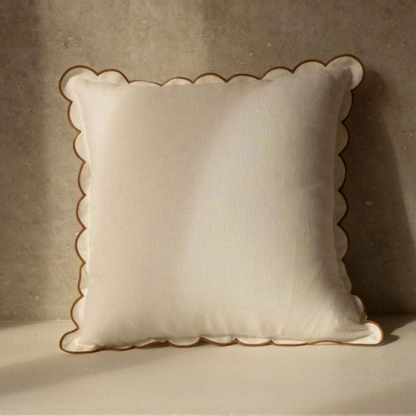 The White & Yellow Ochre Scalloped Linen Square Cushion