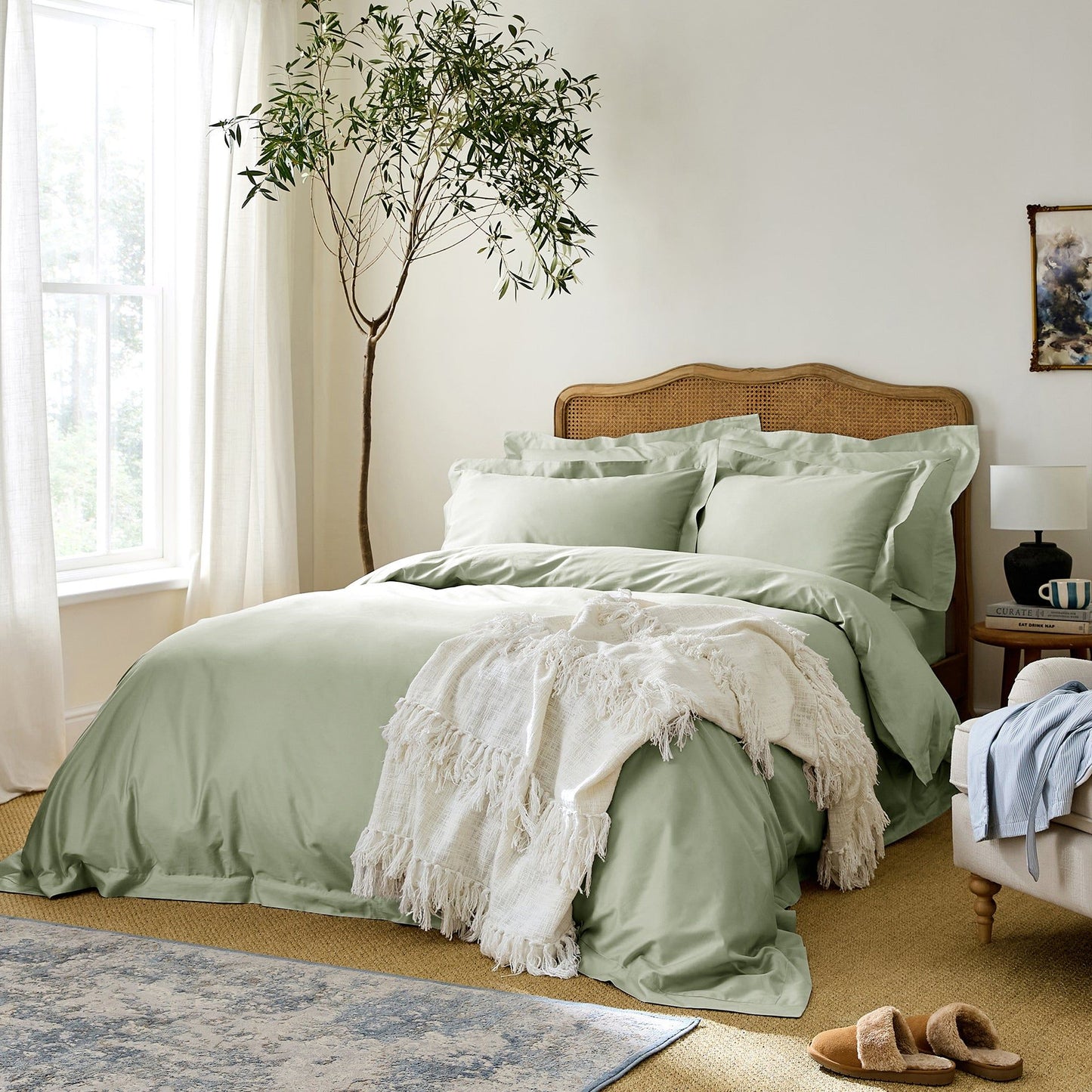 Luxury Organic Cotton Sage Green Edged Duvet Cover