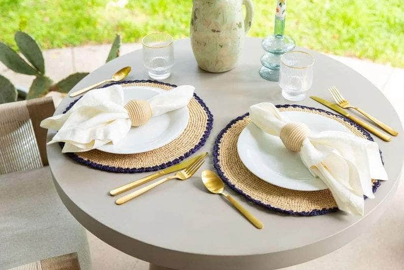 Handwoven Aura Blue Edge Placemat - Rustic Woven Raffia Tabletop Decor