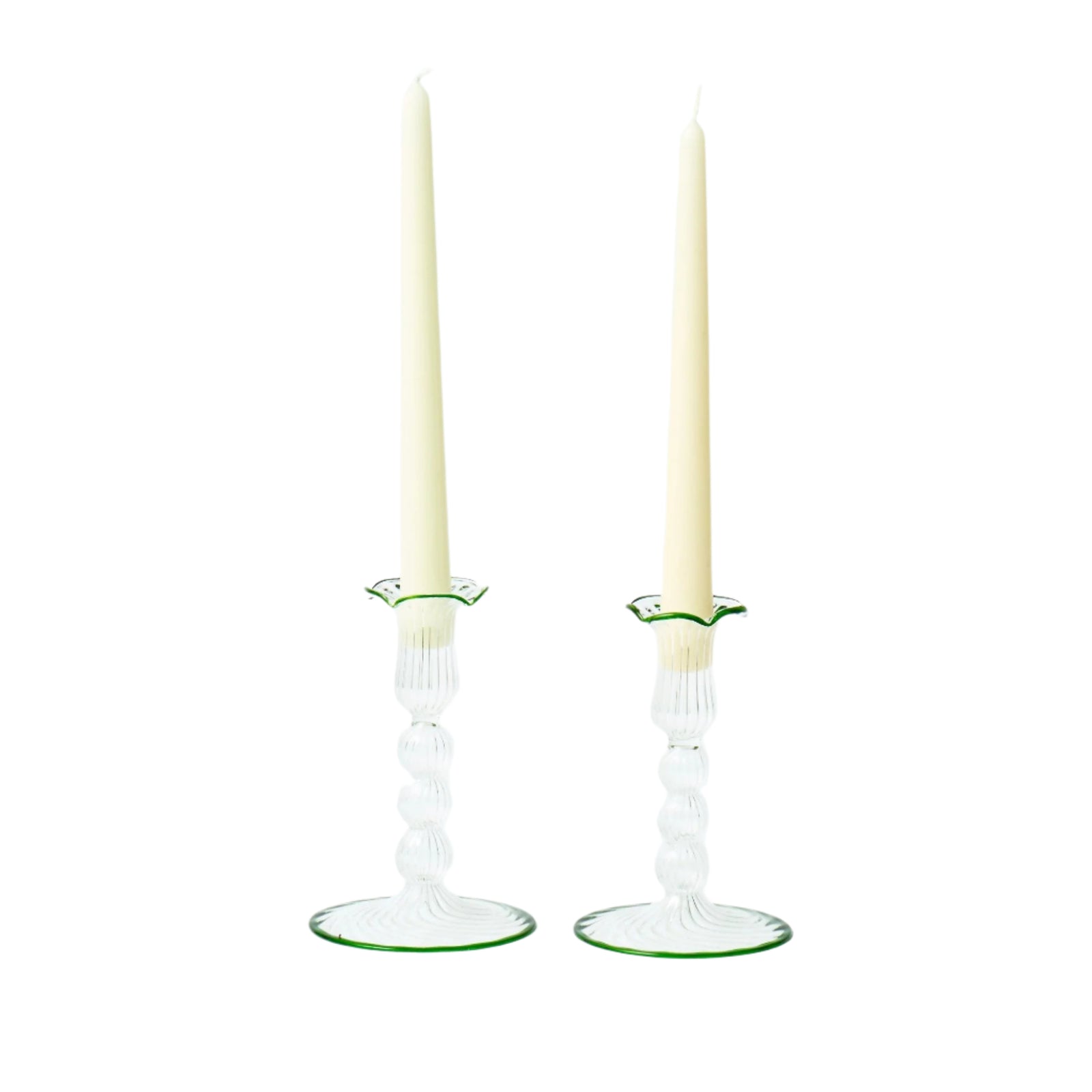 Green Rimmed Glass Pompom Candlestick (set of 2)