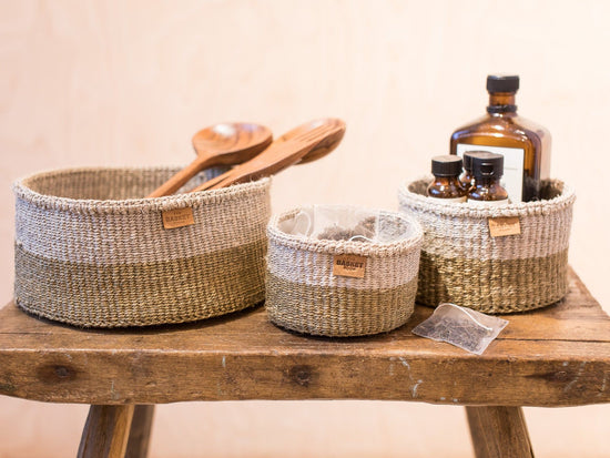 CHALI: Brown & Grey Colour Block Woven Basket