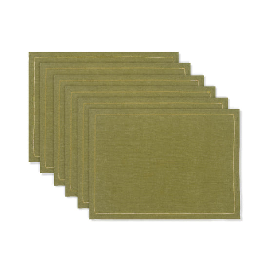 Set of 6 Personalised Fern Green Placemats with Ochre Hemstitch