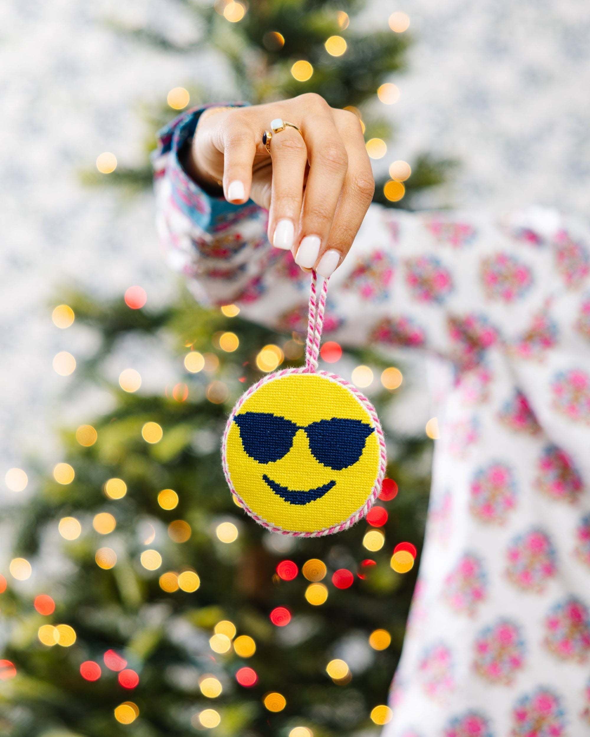 Needlepoint Icon Ornament - Sunglass Emoji
