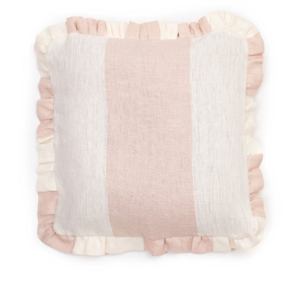 Pink and White Frilled Linen Cushion