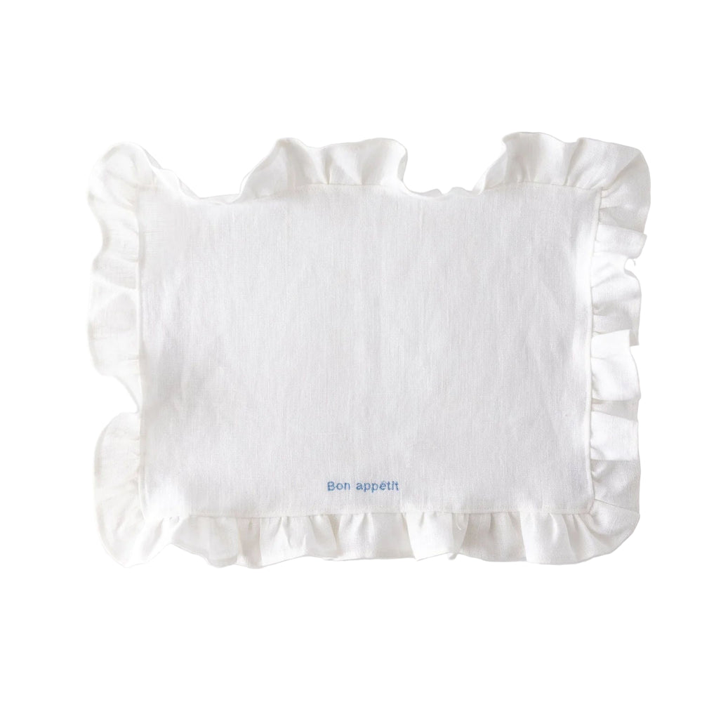 White Ruffled Linen Placemats with Embroidery – Set of 2