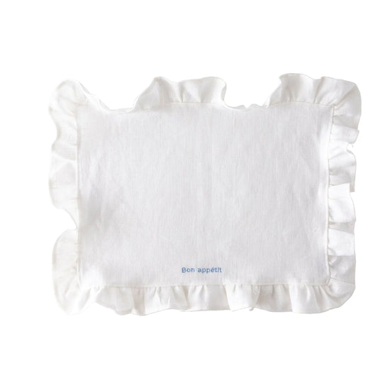 White Ruffled Linen Placemats with Embroidery – Set of 2