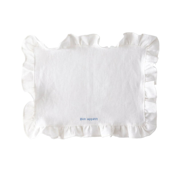 White Ruffled Linen Placemats with Embroidery – Set of 2