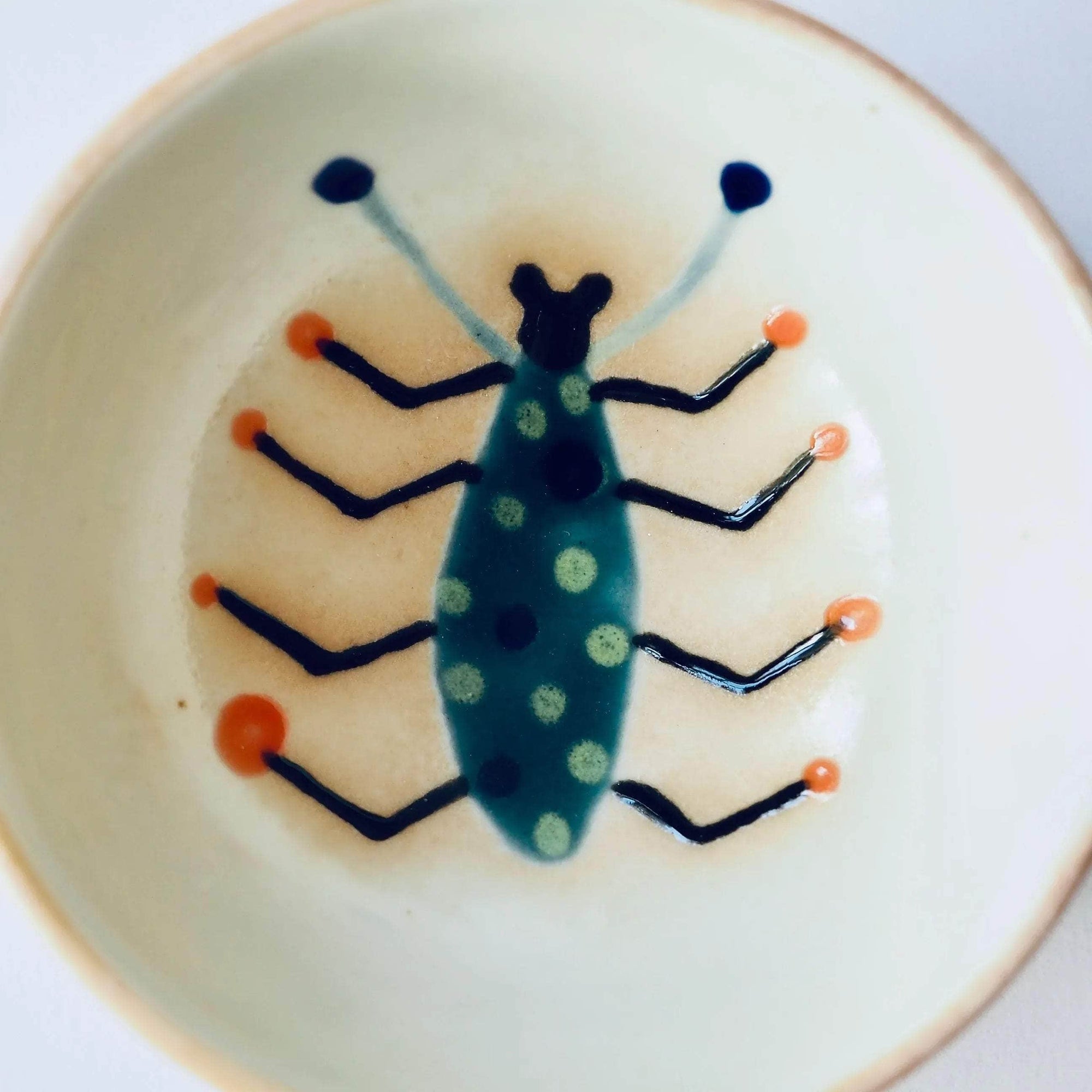 Handmade Mini Green Spotted Beetle Porcelain Ceramic Ring Dish