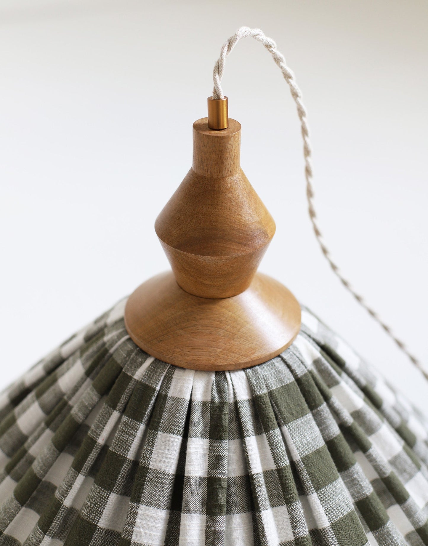 Olga Pleated Pendant Light in Khaki Check Fabric with Turned Wood Finish